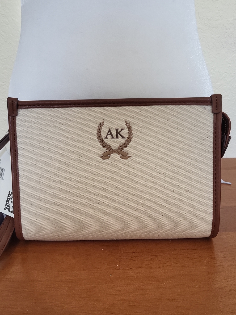 Anne Klein Canvas and Brown Faux Leather Wristlet